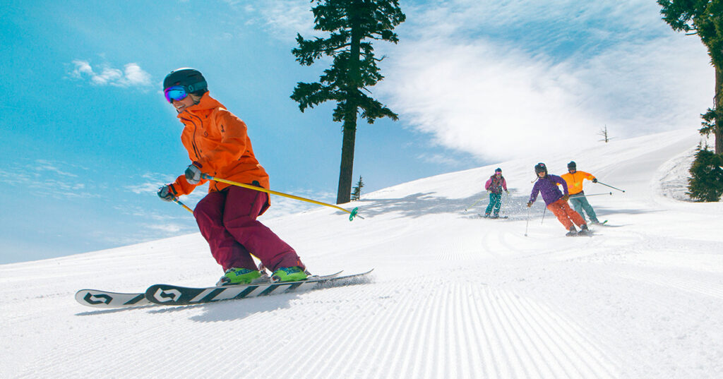 A group of skiers making turns on fresh corduroy.